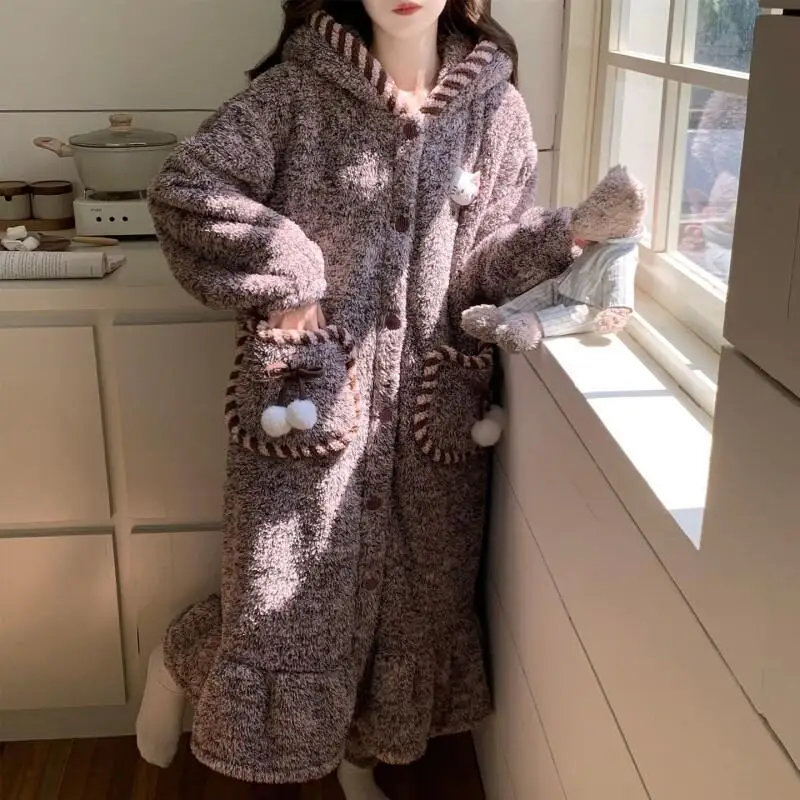 

Sanrio Hello Kitty Cute Hooded Long Sleep Robe Set Coral Fleece Women Student Home Loungewear Autumn Winter Thick Warm Sweet New