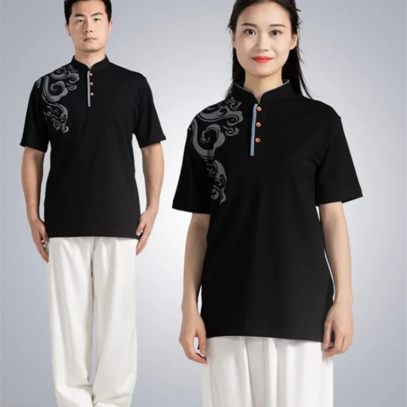 Unisex Short Sleeve Tai Chi Uniform Summer Cotton T-shirt Chinese Kung Fu Cultural Shirt Half Sleeve Martial Arts Training Top﻿