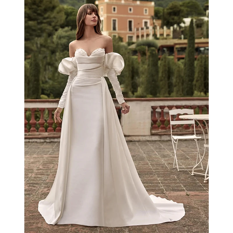 

Detachable Train Wedding Dress Satin With Beading Mermaid Ball Gown Full Sleeve Strapless Customized Button Robe MariéE Satin