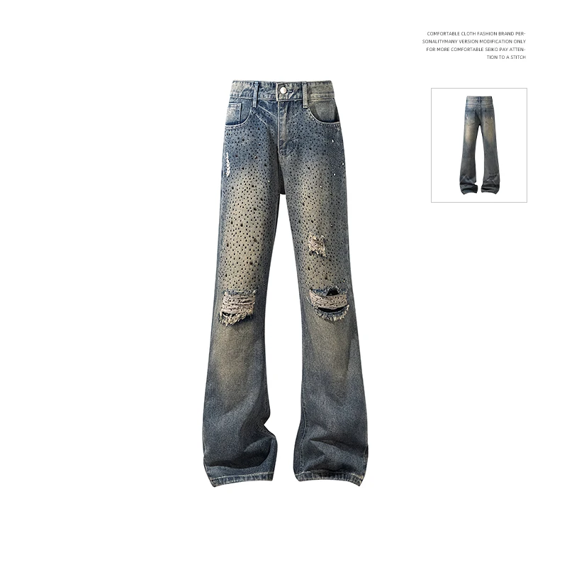 Y2K American High Street Star Rhinestone Flare Jeans Men Women Vintage Ripped Washed Hong Kong Style Baggy Straight Trendy Denim