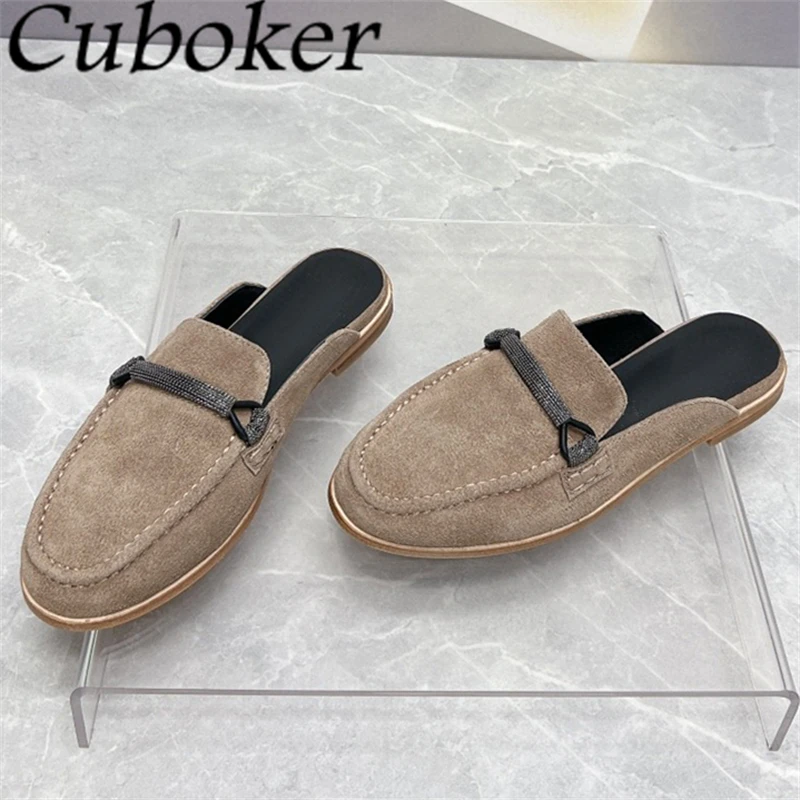 

2024 Summer Round Wrap Toe Flat Half Slippers Women Suede Leather String Bead Slides Shoes Femme Casual Comfort Lazy Mules Mujer