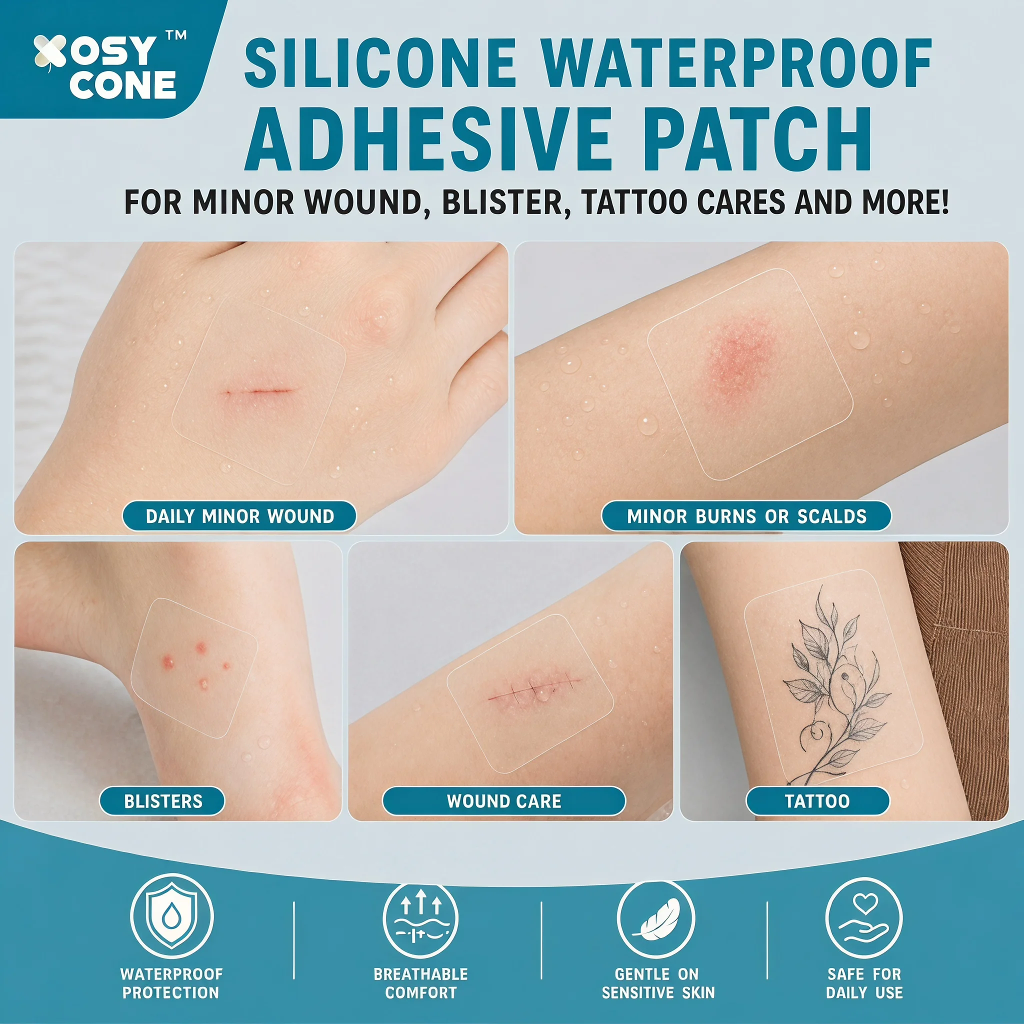 Medical-grade Silicone Gel Waterproof Patch, Breathable Transparent PU Film Patch, Hypoallergenic, Painless Removal, Waterproofing for Shower & Swim, Wound/Post-Op/Tattoo/IV Catheter Care