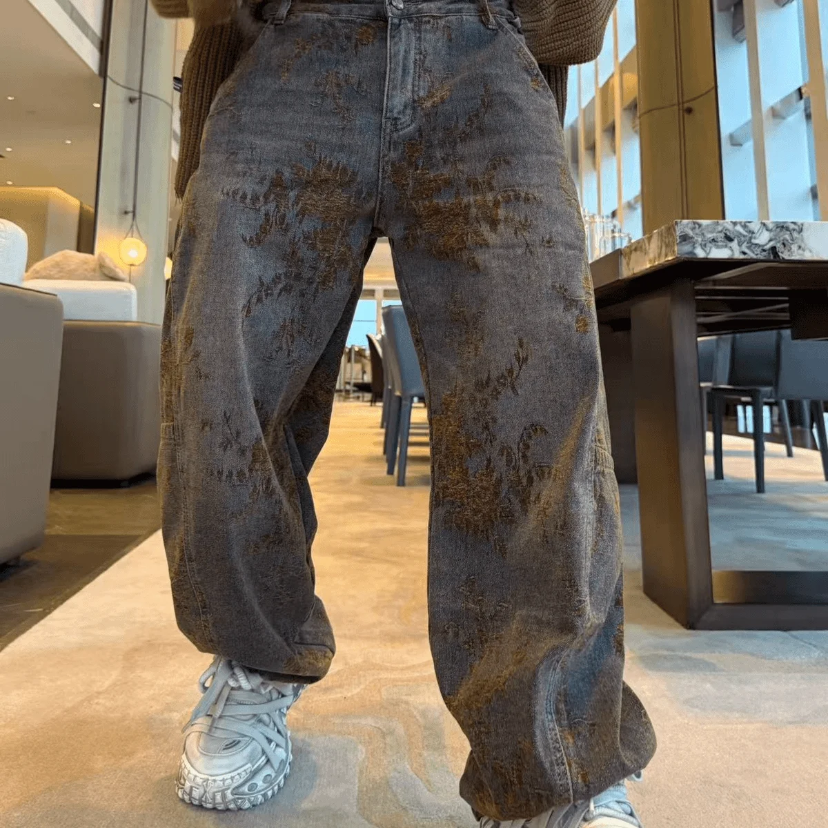 

Мужские джинсы Ele Autumn Winter: винтажные, повседневные, свободные, прямые, из смесового хлопка, с вышивкой, в стиле «банан»