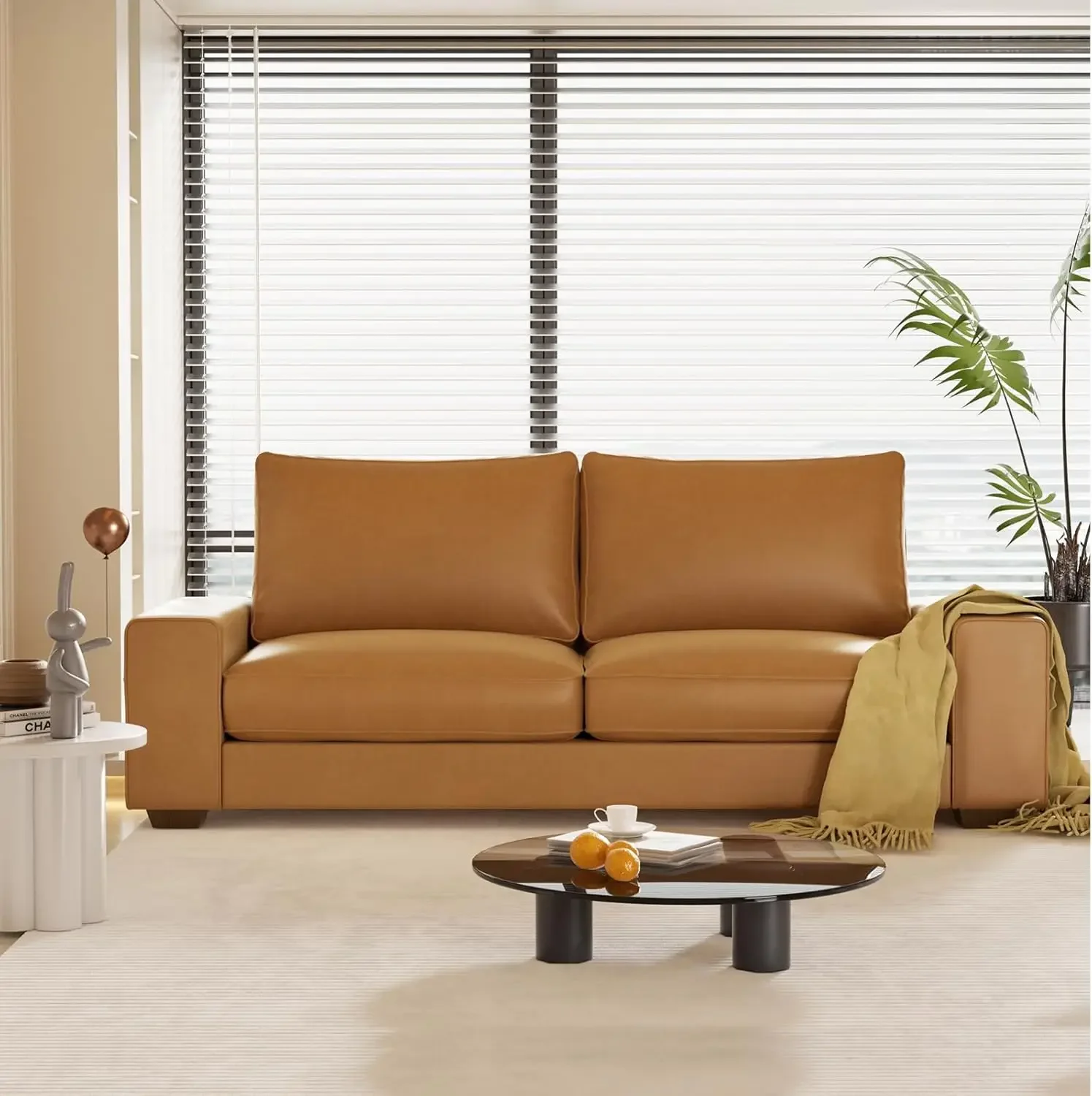 

88.58" Faux Leather Sofa Couch,Living Room 3 Seater Sofa with Wide Arm and Side Pocket, Mid-Century Modern Couch with Solid