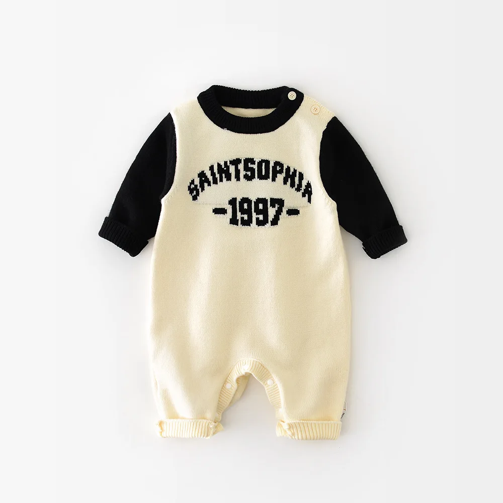 

Осенний комбинезон для маленьких мальчиков и девочек, модный милый комбинезон с длинными рукавами и круглым вырезом с вышивкой букв для новорожденных 3-24 месяцев