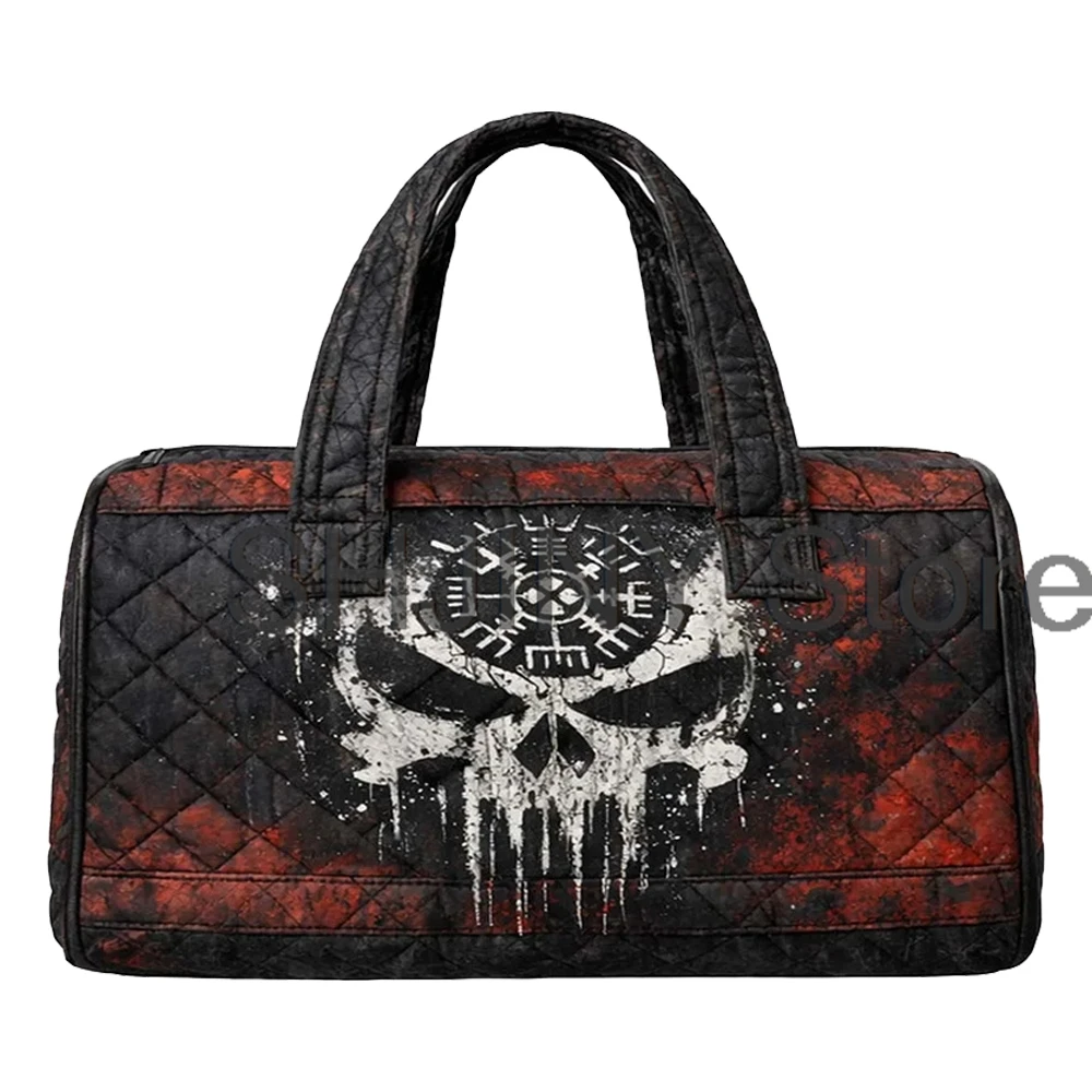

Vintage Viking Skull Print Quilted Duffle Bag Unisex Road Trips Travel Tote Women Men Weekender Bag
