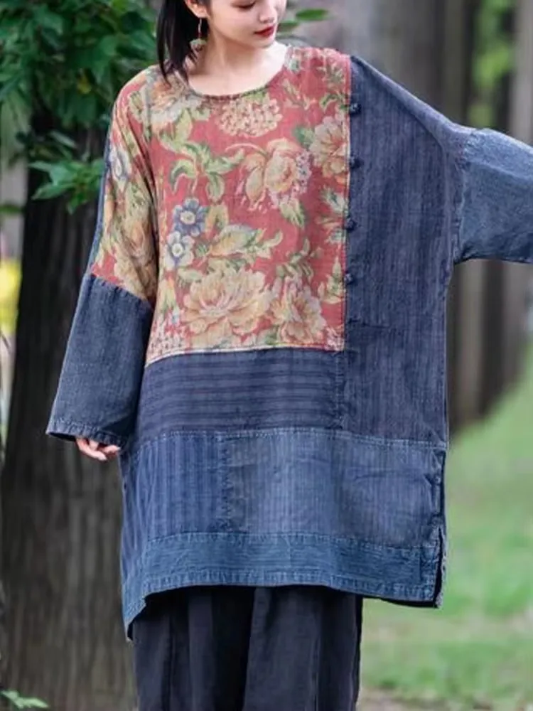 Amax LuluE Gaun Denim Tiongkok Tambal Sulam Cetak Musim Gugur Wanita Pakaian Klasik Longgar Santai Ukuran Besar Vintage Mode