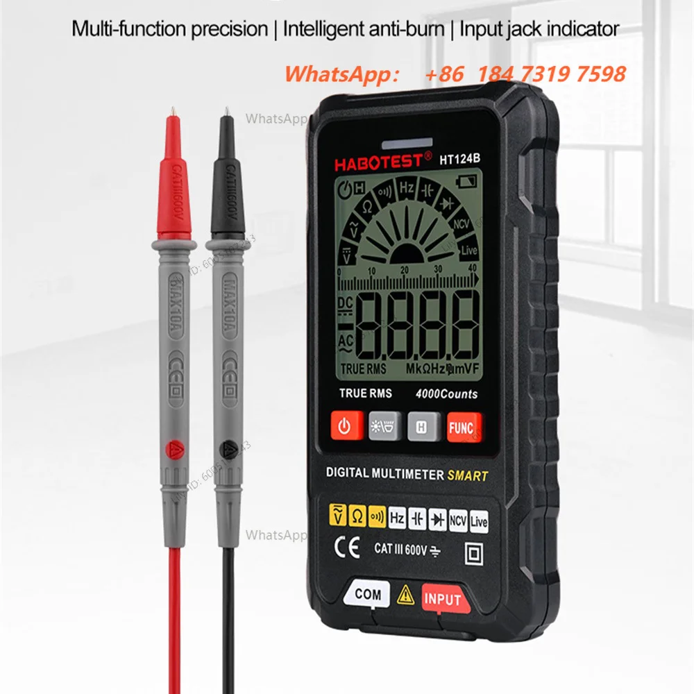 HT124B Professional Digital Smart Multimeter Capacitor Tester Voltmeter True RMS AC DC Voltage Ohm HZ Diode Continuity Meter