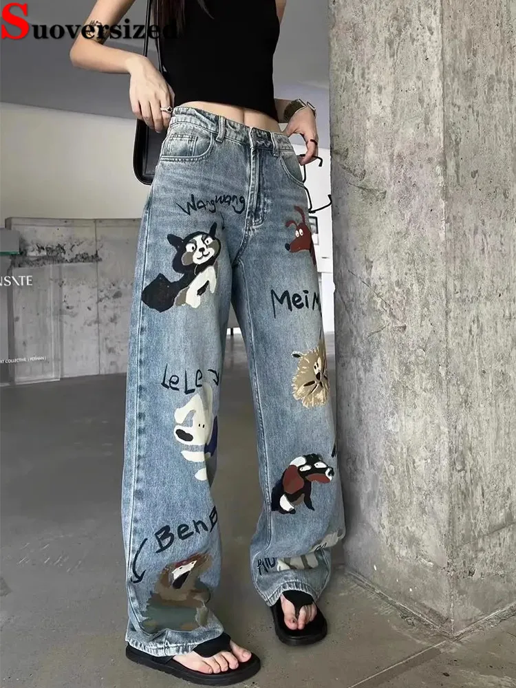 

Cartoon Print Graffiti Baggy Wide Leg Jeans Korea High Waist Casual Straight Vaqueros Streetwear Women Vintage Denim Pants