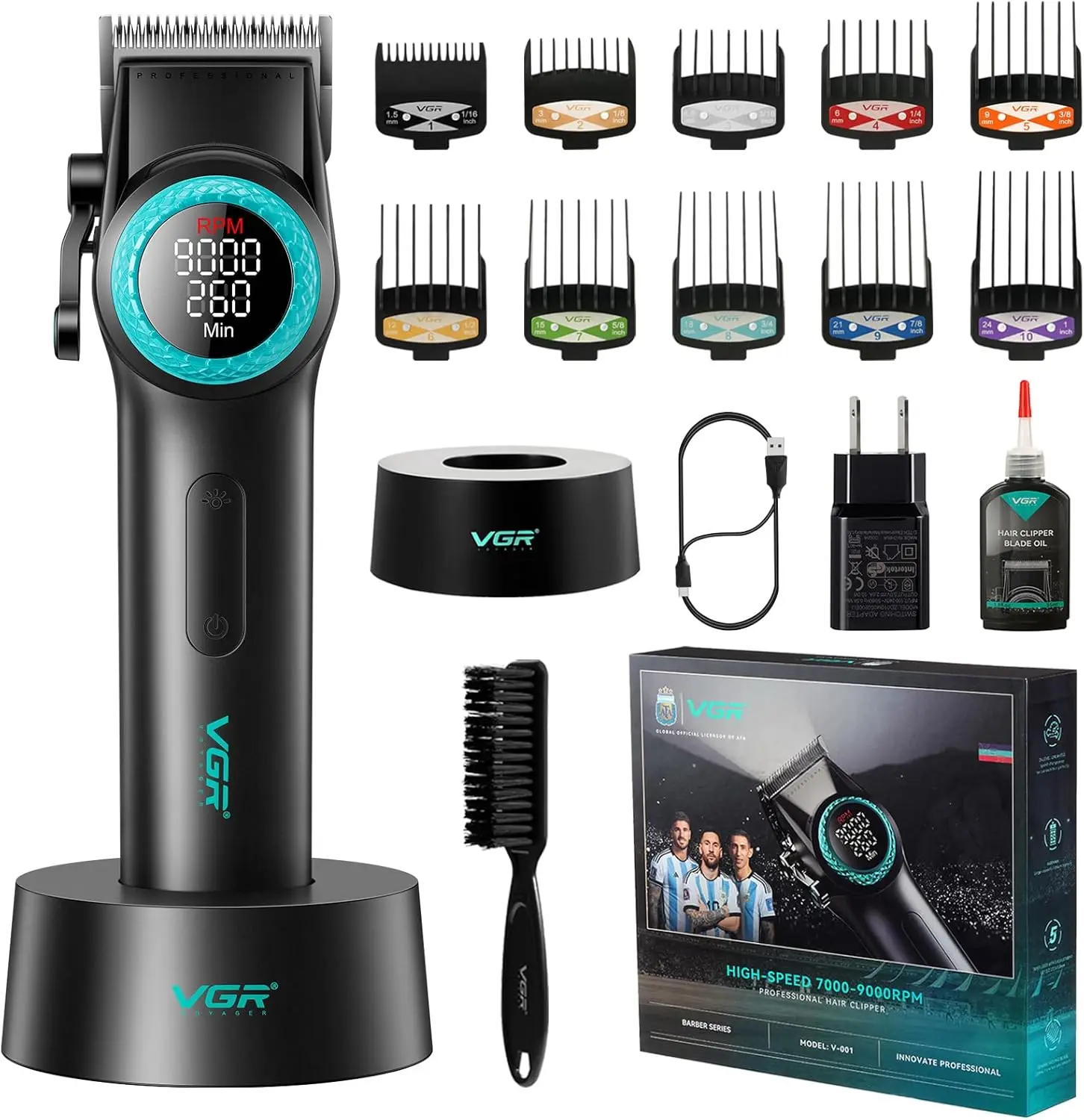 Professional Cordless Hair Clippers for Men, Carbon Steel Blade, 9000RPM, LED Display, Black