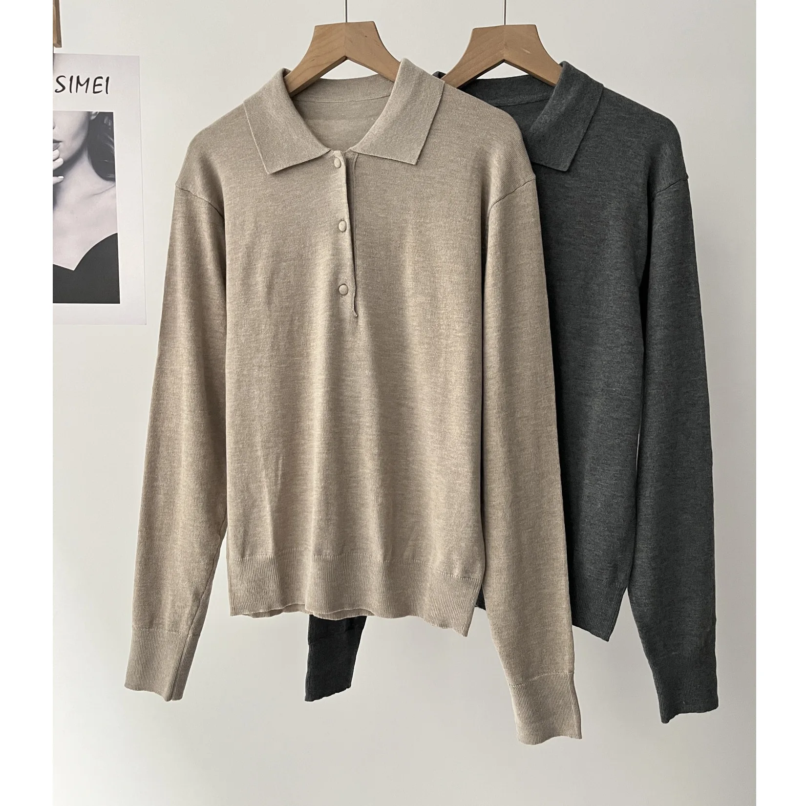 

Женская легкая и тонкая рубашка-поло в американском повседневном стиле с воротником и длинными рукавами, вязаный свитер, нижняя рубашка, весна 16a-2244