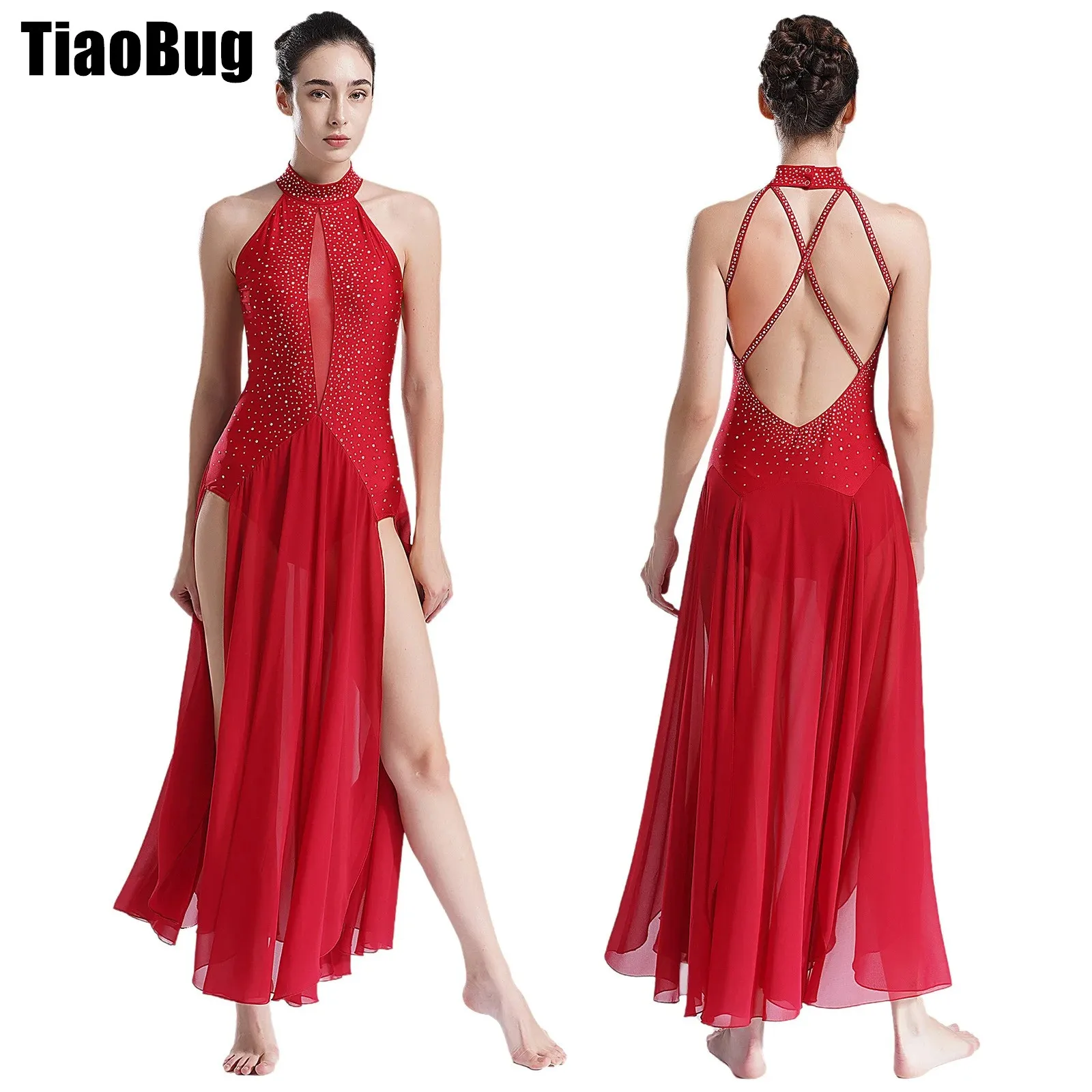 

Womens Lyrical Dress Halter Strappy Back Shiny Rhinestones Split Dance Costume for Stage Performance Competition