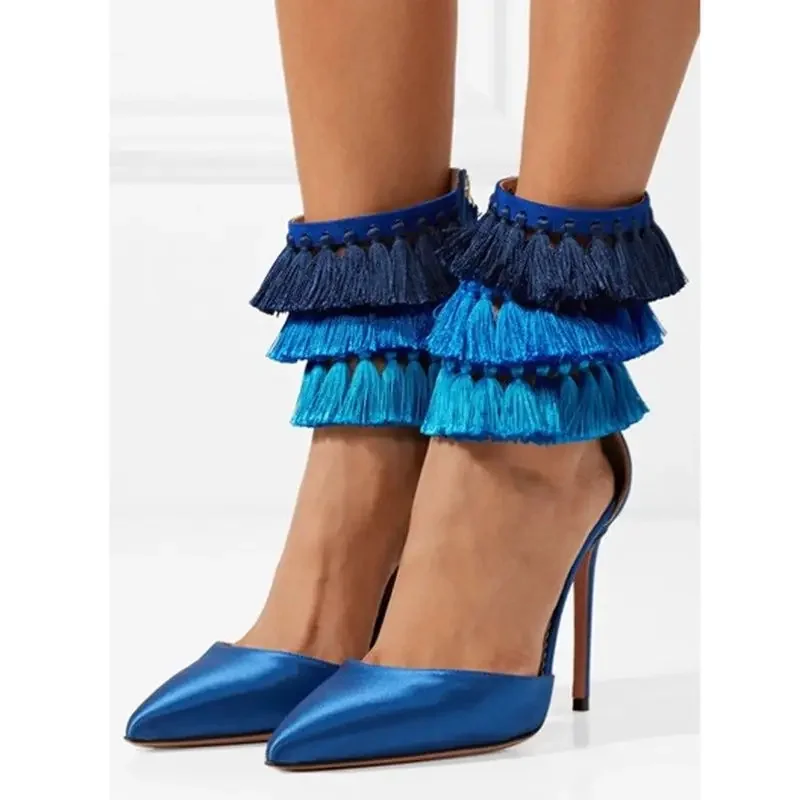 

Women Sandals Brand Design Blue Fringe Shoes Summer Autumn Cover Heels High Heels Sandals Pointed Toe Mixed Colors Pumps