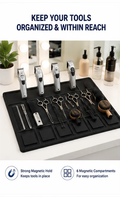 Magnetic Clipper Organizer Mat 6 Slots Non-Slip Heat Resistant Pad for Barber Shop Salon Station Tools Holder Black