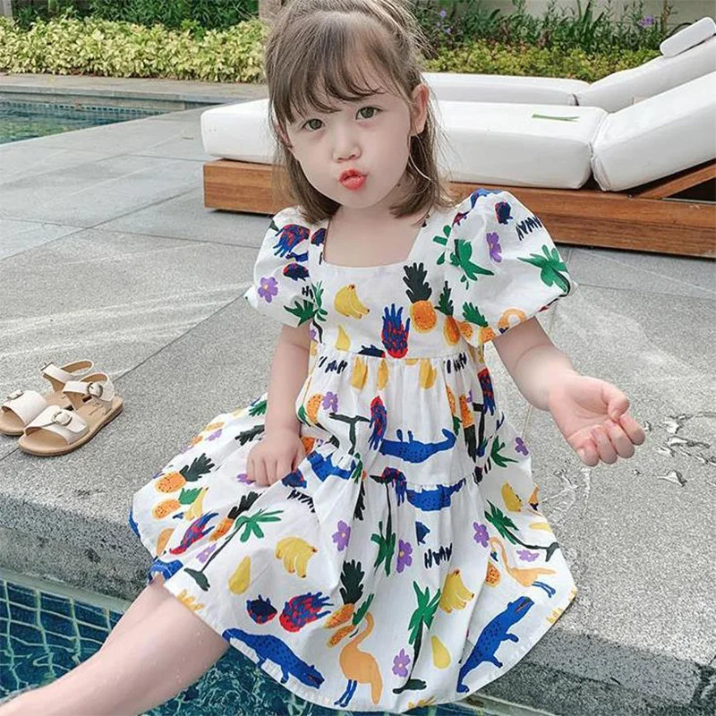 

Clothing for Girls Printing Short Sleeve Backless A-line Skirt Summer Fashion Kids Square Collar Bandage New in Mid-Calf Dresses