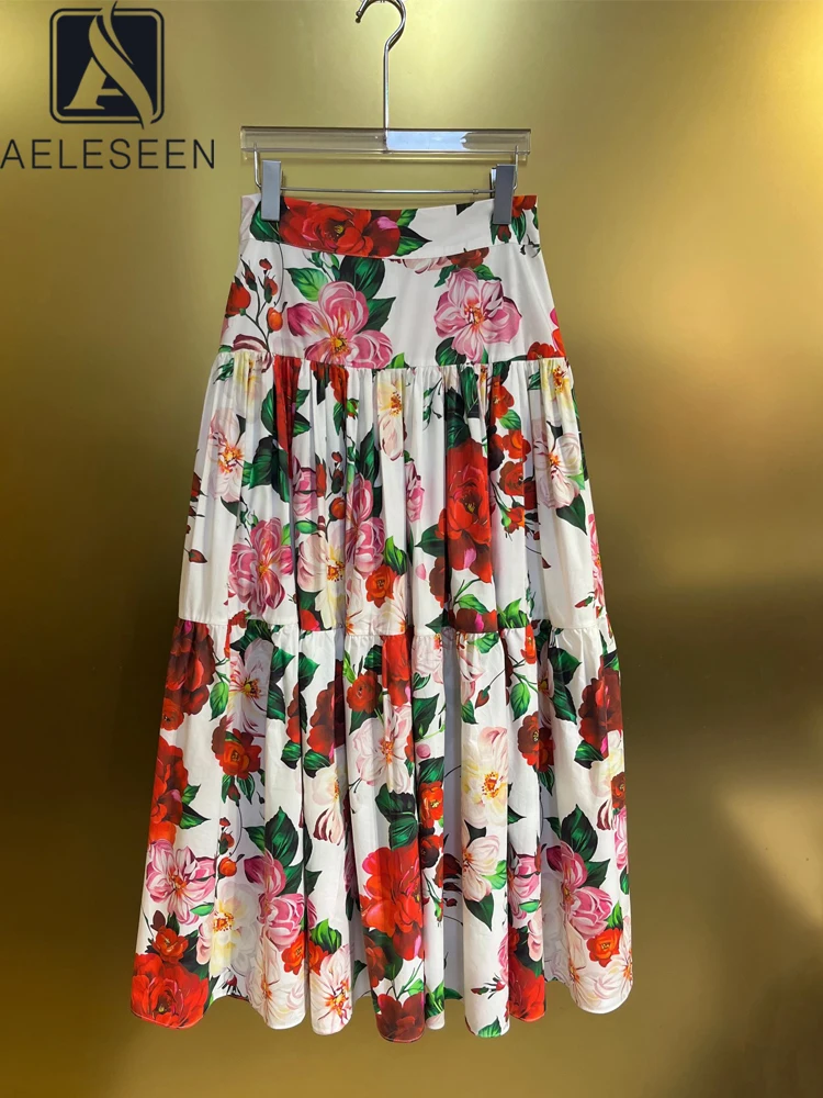 

AELESEEN High Quality Sicilian Skirt Women Spring Summer 100% Cotton Peony Printed Long Elegant Poplin Party Holiday Skirt