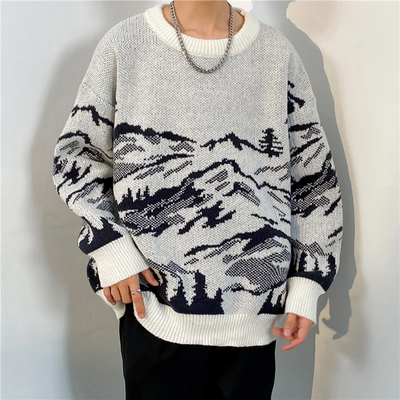 

Japanese Harajuku Knitted Sweater Men Women Mountain Print Pullover Vintage Causal Loose Sweaters Streetwear Autumn B118