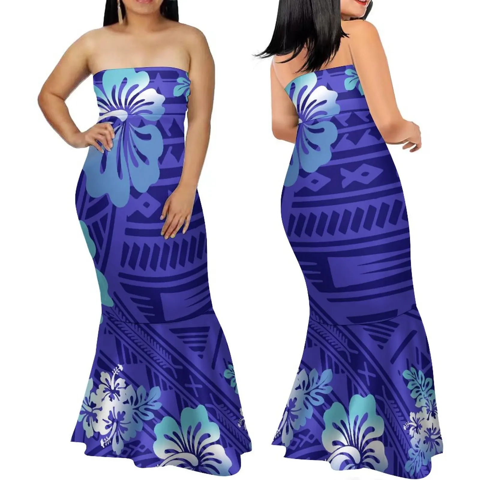 Stylish Women'S Strapless Fishtail Dress Polynesian Sublimation Design Women'S Off-The-Shoulder Floor-Length Evening Dress