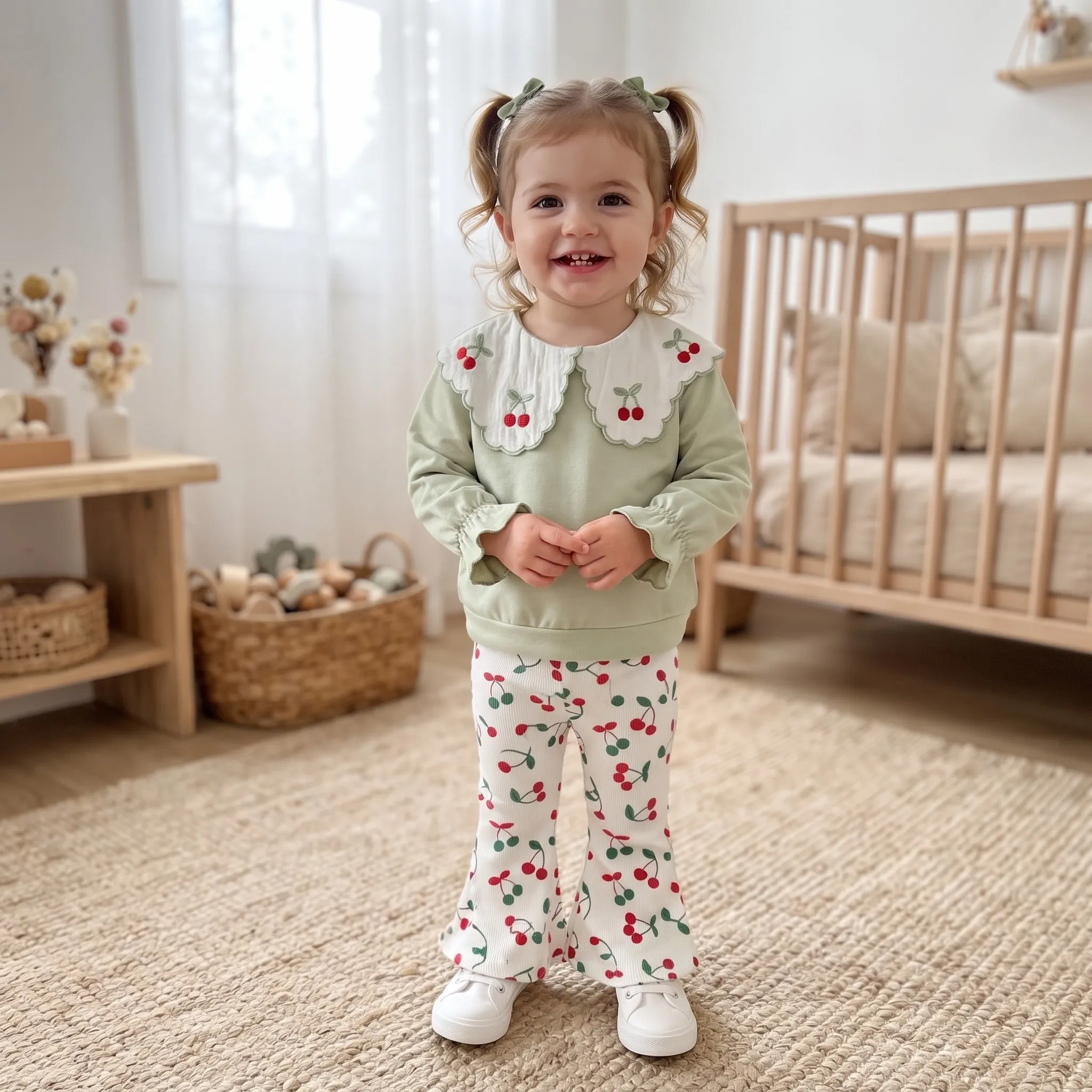 Spring Autumn Baby Girls Cute 2Pcs Outfit, Cherry Embroidery Big Collar Sweatshirt & Ribbed Flare Pants Set