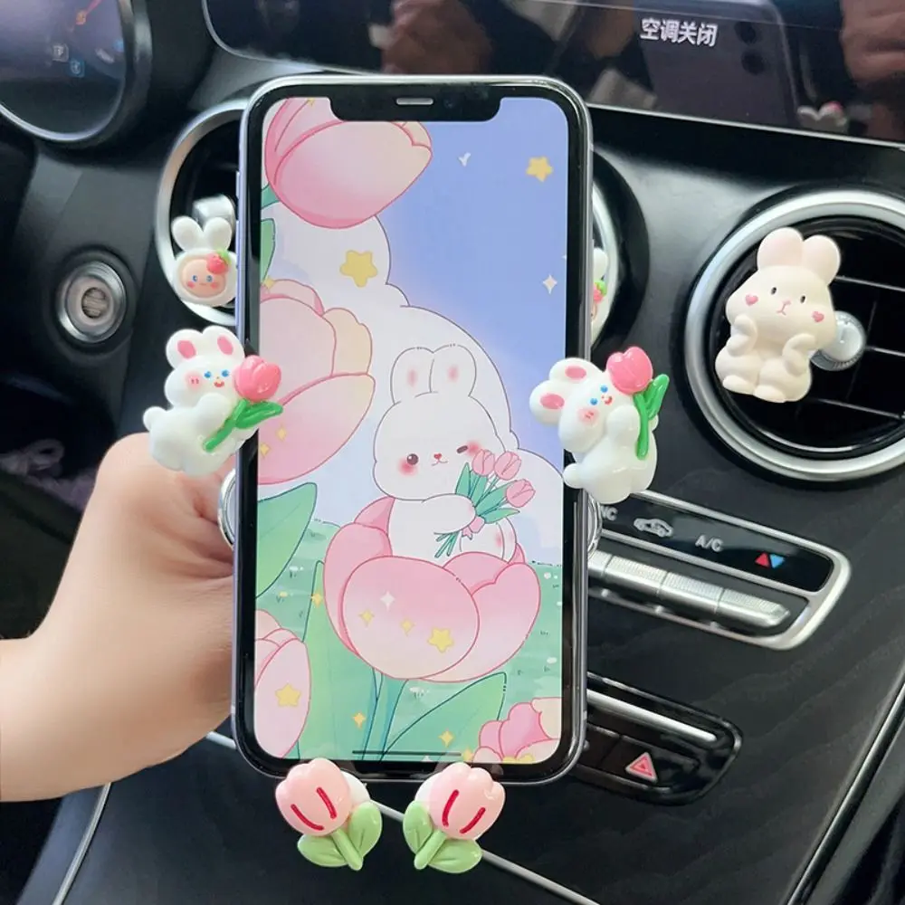 Cartoon Rabbits Car Phone Holder With Incense Clip Air Vent Clip Mount Cell Phone Stand Flower Car Accessories