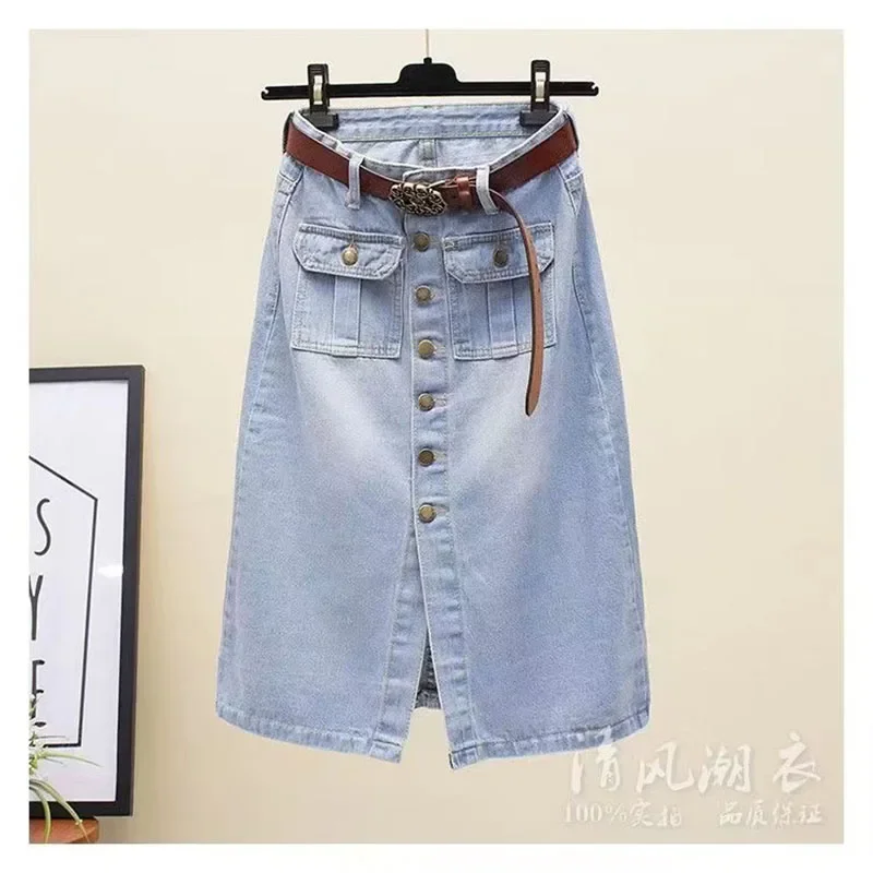 

2024 High Waist Denim Skirt Women's Spring Autumn New Vintage One breasted Split Wrap Hip A-line Skirt Casual Woman Clothing