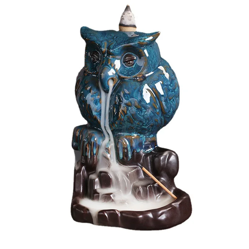 Handmade Ceramic Owl Ornaments Waterfall Backflow Incense Stick Holder Purple Clay Censer