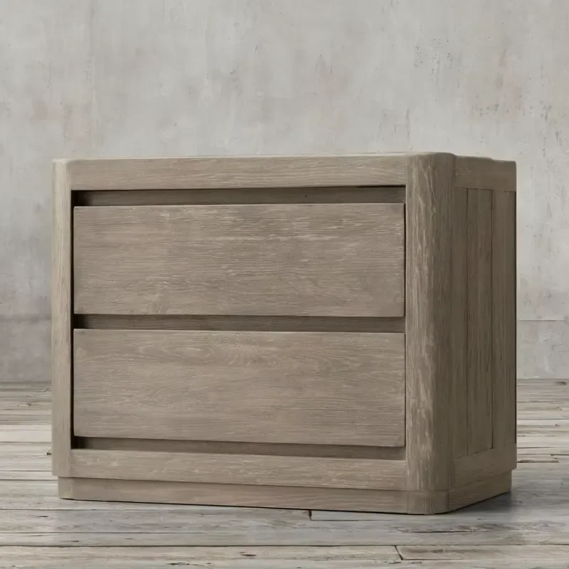 High-quality Modern American Minimalist Style Weathered Aged Solid Oak Bedside Table with 2 Drawers Bedroom Furniture