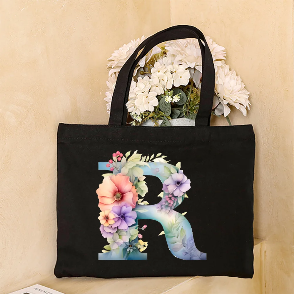 Flower Alphabet Canvas Tote Bags for Women Large Capacity Canvas Casual New Shopping Printed Reusable Handbag Eco Bag Large