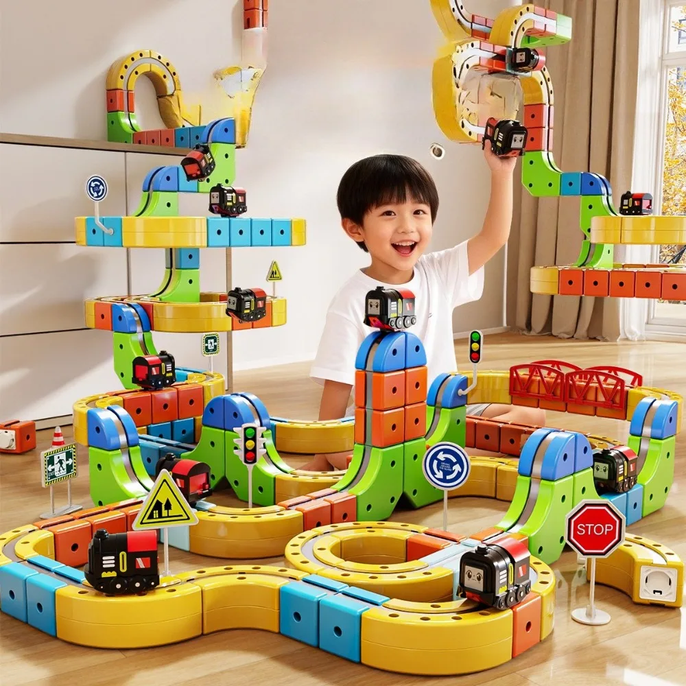 Children's Educational Electric Magnetic Rail Racing Car Cube Diy Magnetic Assembly Christmas Gift Toy for Boys and Girls