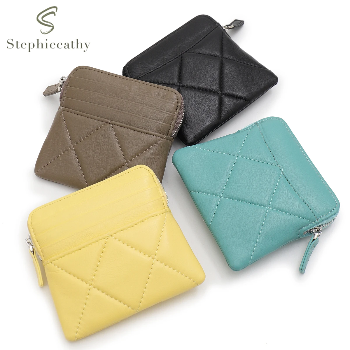 SC  Women's Fashion Thread Quilted Sheepskin Small Wallet Multi Slots Card Holder Zip Money Bag Portable Versatile Coin Purse