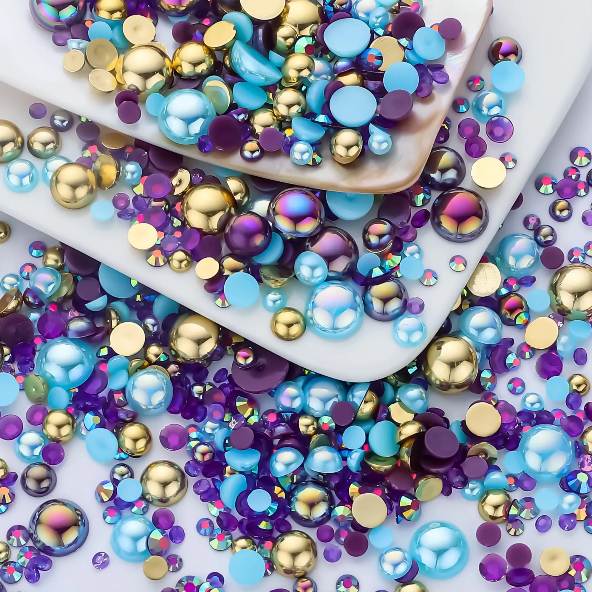 1100Pcs Flat Back Pearls And Rhinestones, 30g Mixed Size 3mm-10mm Ab Color Resin Rhinestones Semi-Circular Pearl