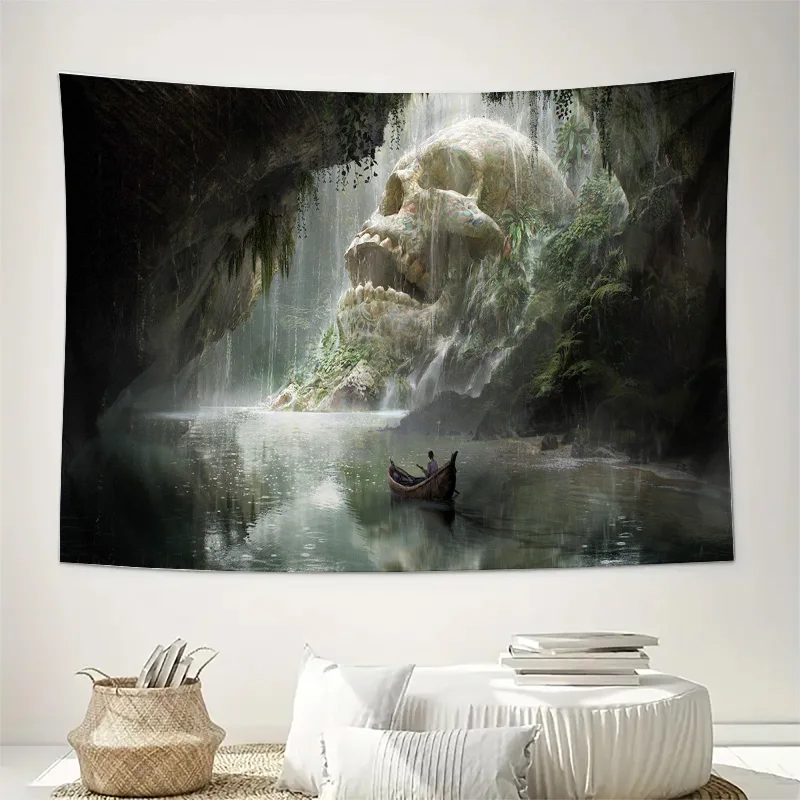 Mystic Cave with Giant Skull Waterfall and Boat Wall Tapestry Machine Washable All Season Decor Print Home Elevate Your Space