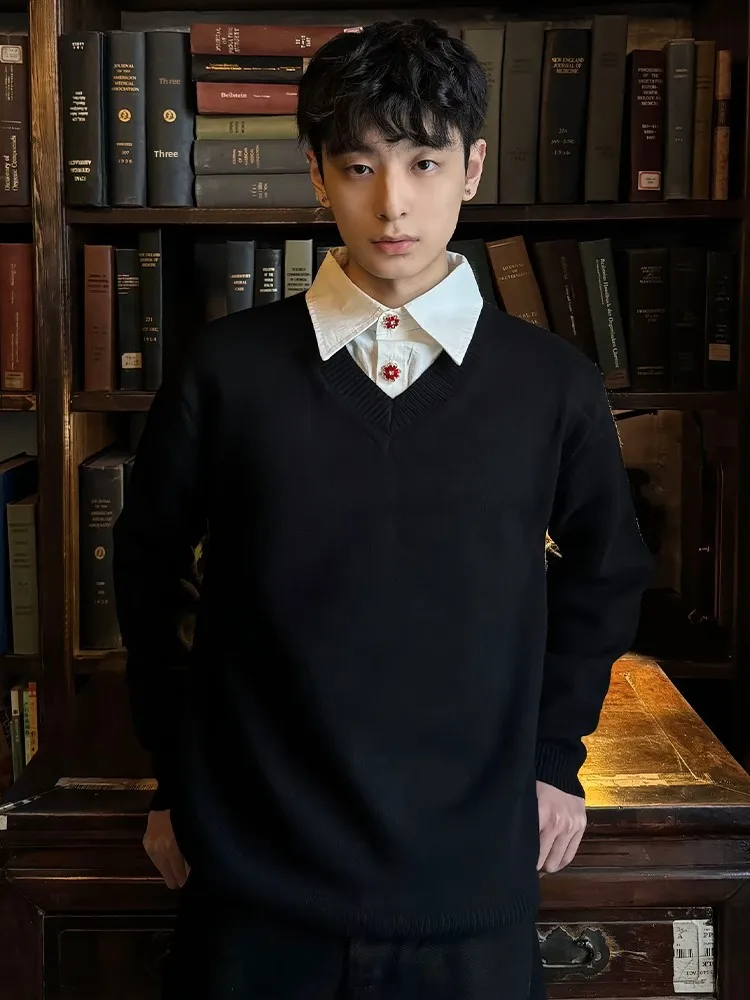 

Корейский Sle V-Ne вязаный мужской свободный крой повседневный свитер из двух предметов осень-зима для отдыха Old Money Faion