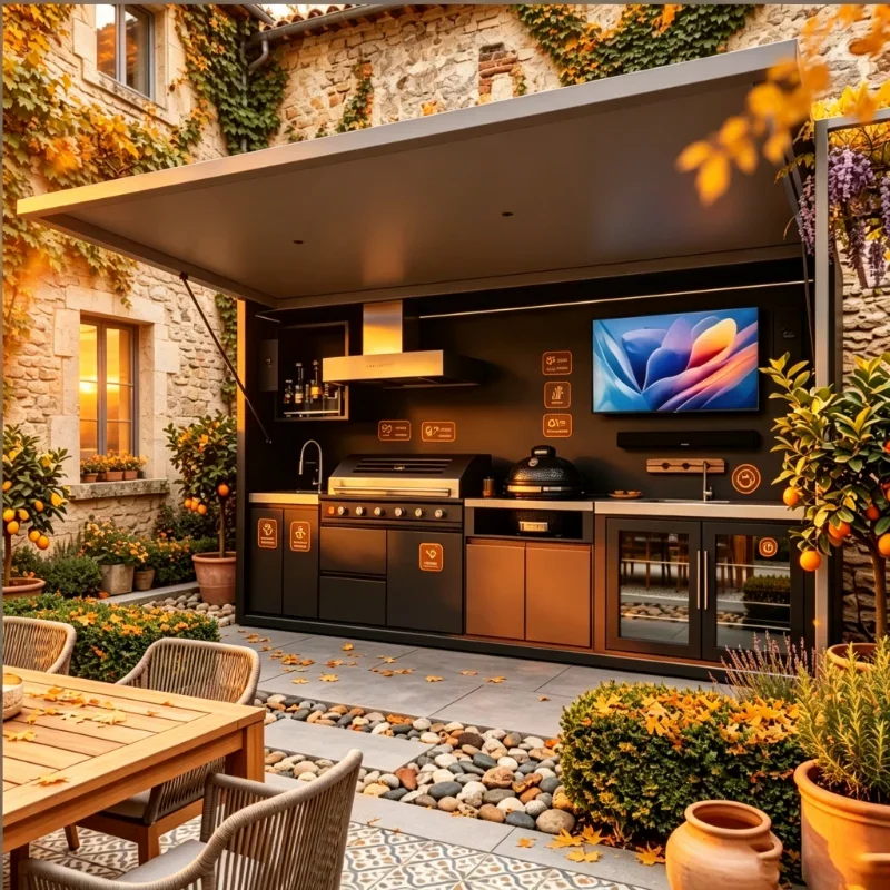 Integrated Stainless Steel Kitchen Station Custom Outdoor BBQ Pizza Oven Unit with Waterproof Windproof Pergola for Villa Garden