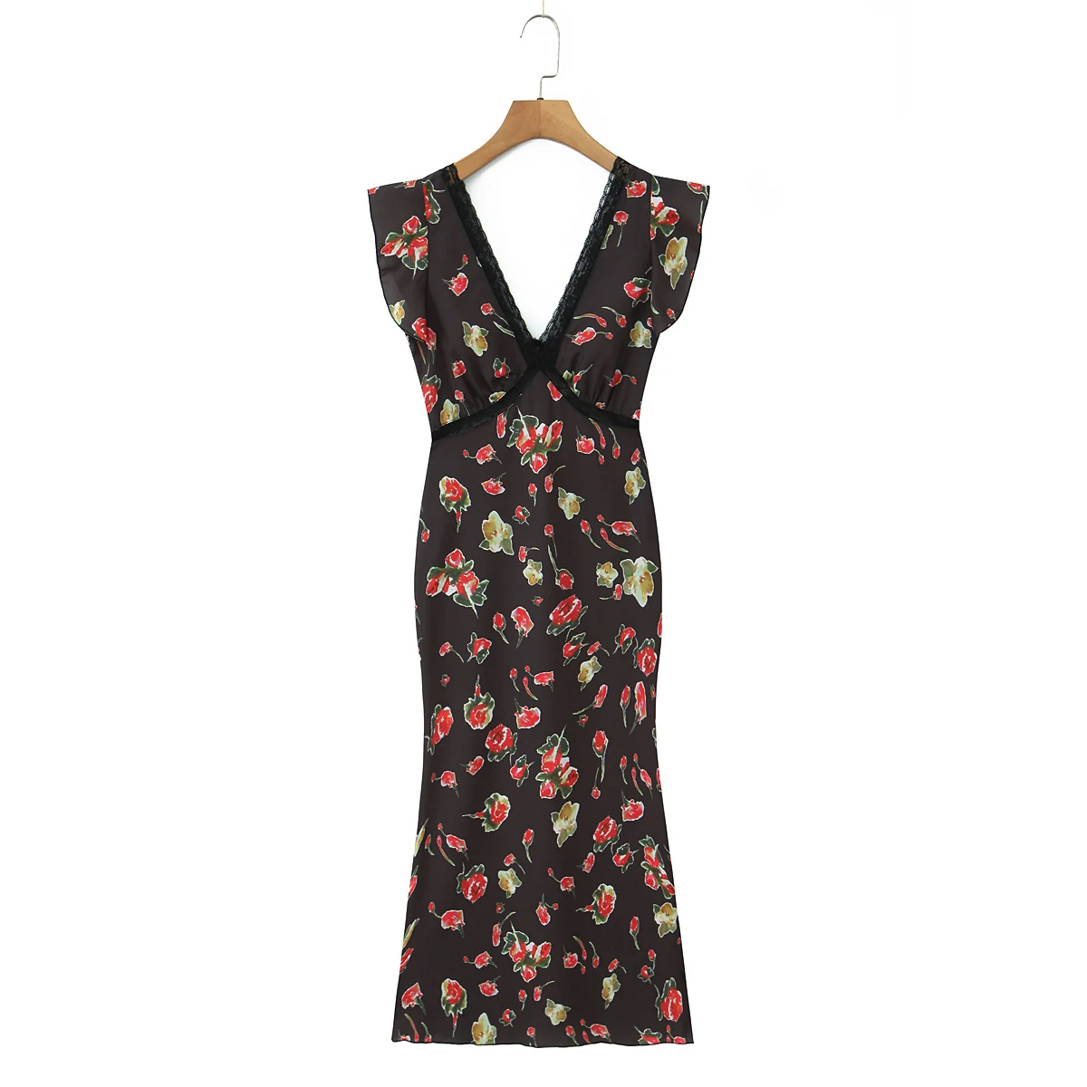 新しいフレンチヴィンテージ黒花柄プリントスプライスレース V 襟フリル半袖ドレス女性ミディドレスファム Vestidos