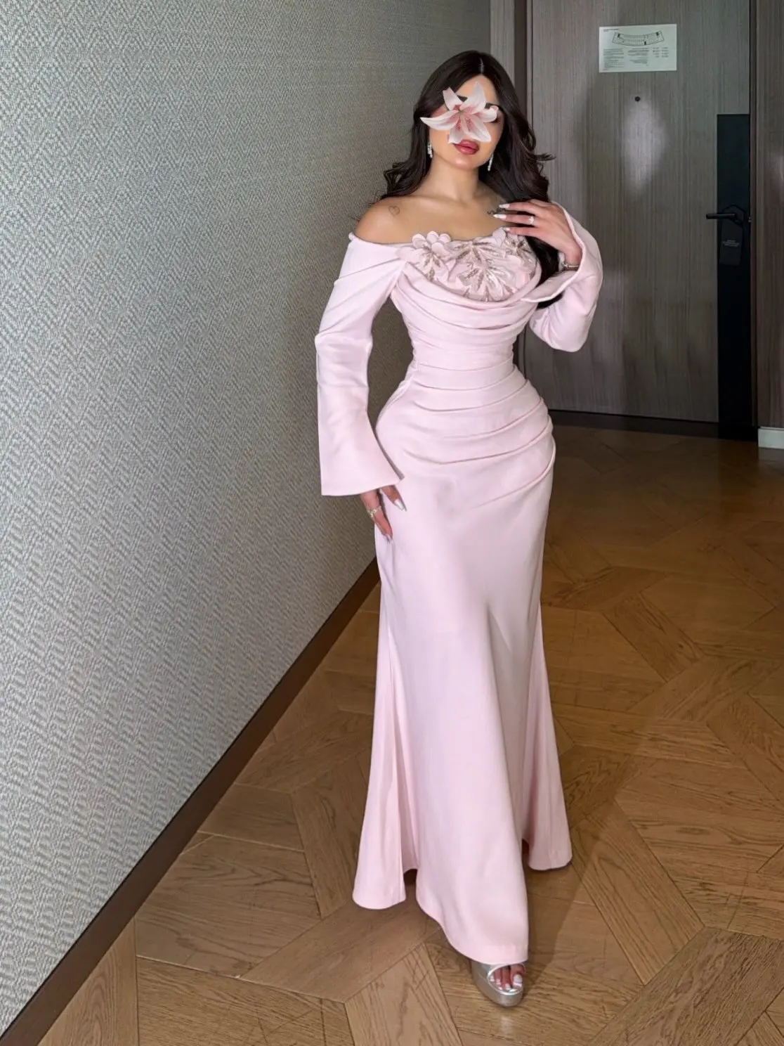 Customized Classic Mermaid Pink Evening Dresses Chest with Beads Floor Length Long Sleeves Elegant Prom Gowns Bridal Party
