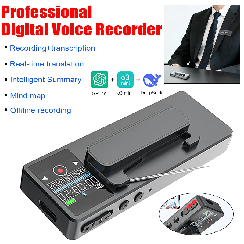 

AI Voice Recorder with 0.85-inch Display Magnetic/Pin Wearable Smart Transcription Summary Translator Noise Suppression