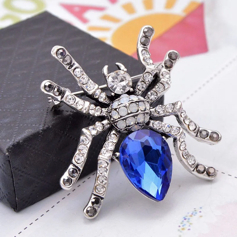 Blue Crystal Spider Brooch Classic Design Insect Pin Women and Men Brooches Winter Coat Jewelry