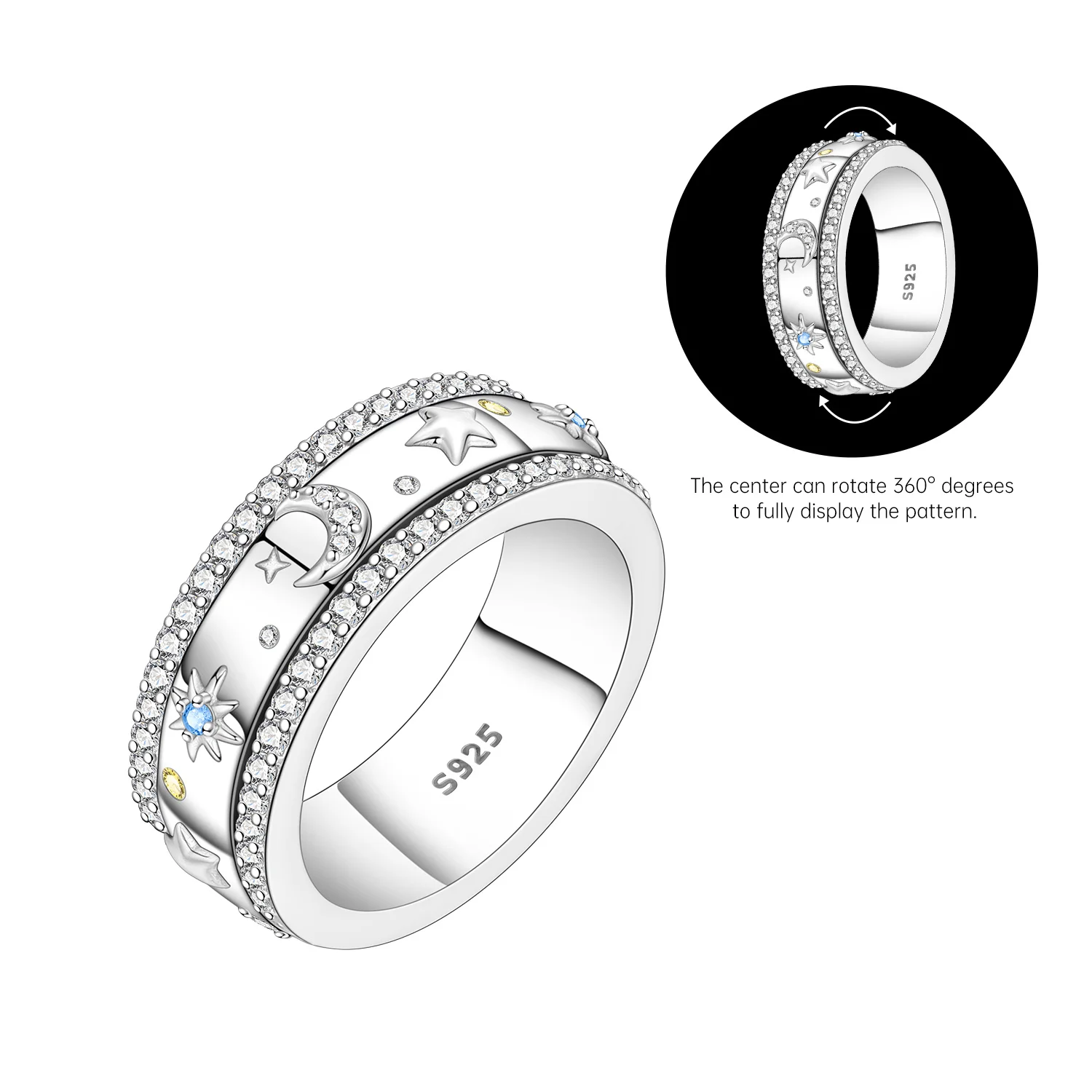 

Orstarry S925 Sterling Silver Rotating Star Moon Closed Ring For Women Finger Ring Personality Jewelry Party Trendy Gifts