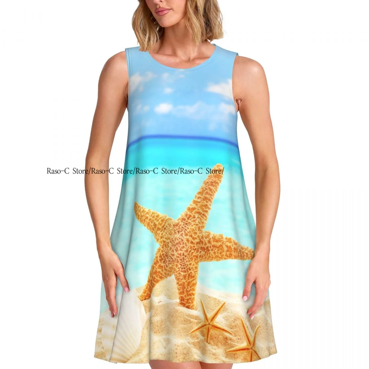 ชุดสตรีฤดูร้อนชุดลําลองเสื้อยืดชายหาดปกคลุมปลาดาวและเปลือกหอยบน Sandy Beach Tank Dress