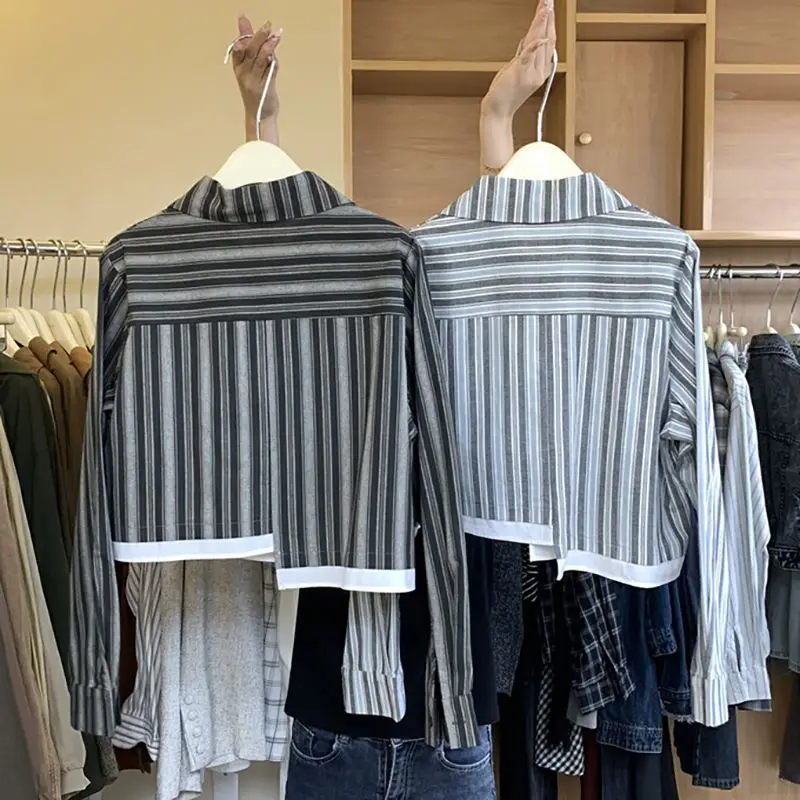 QWEEK Korean Style Striped Short Shirt Irregular Elegant and Youthful Woman Blouses Office Long Sleeve Autumn Women\'s Clothes