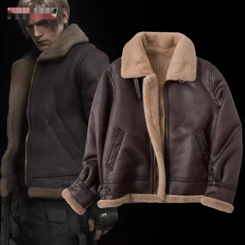 Biohazard residente 4 leon s kennedy mal traje casaco de couro jaqueta cosplay plutônio faur jaqueta de manga longa inverno outerwear masculino menino