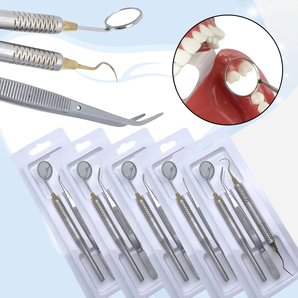 Stainless Steel Dental Instrument Kit with Mouth Mirror Tweezers and Curved Explorer for Oral Examination and Cleaning