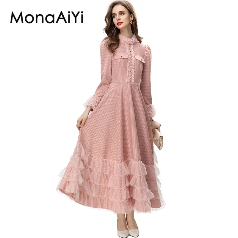 

MonaAiYi New Fashion Designer Dress Women's Turtleneck Long Sleeve Rhinestone Single Breasted Cascading Mesh Ruffle Pink Dress