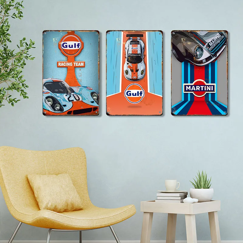 Shabby Station Retro Gulf Racing Car Metal Poster Tin Sign Plate Plaque Wall Art Vintage Garage Man Cave Home Decoration Cuadros