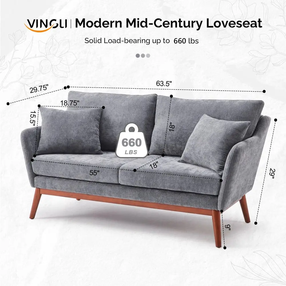 63.5 W Mid Century Small Love Seat Couch with Soild Wood Frame, 2 Seater Comfy Linen Fabric Loveseat Sofa, Small Couch with Two