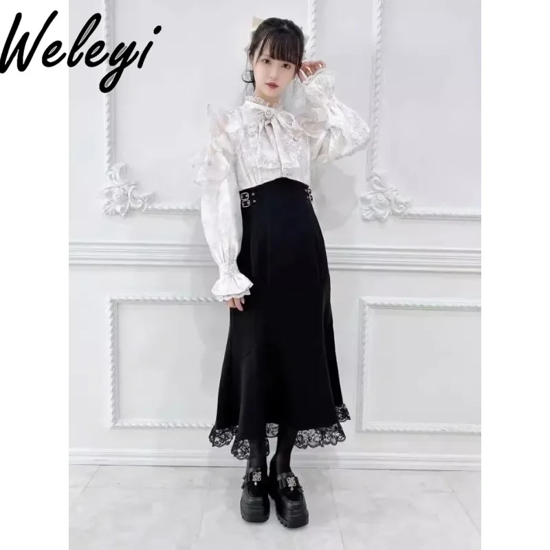 Ropa Mujer Kawaii Lolita Dresses Spring and Autumn Cutecore New Pattern Splicing Lace Retro Long Sleeve Elegant Fishtail Kleider