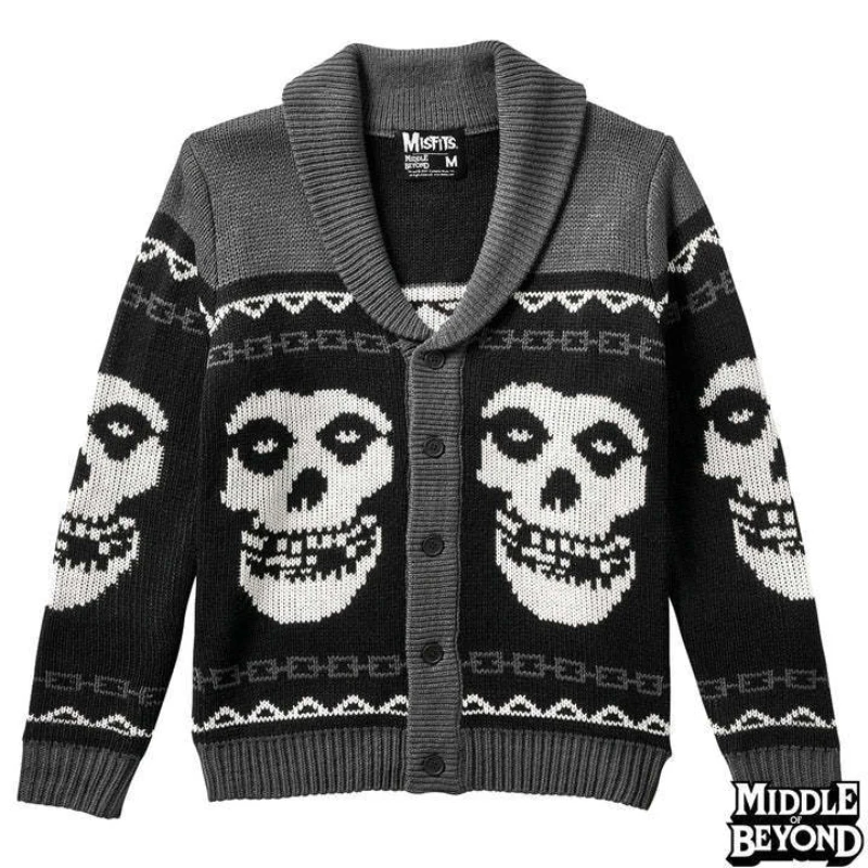 European and American autumn and winter new personalized skull print color blocked unisex fashion trend brand knitted cardigan