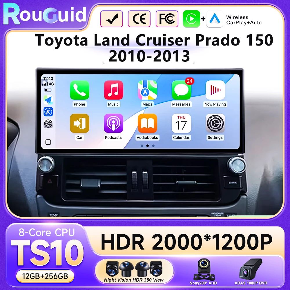 Android 16 QLED 2400*900P Car Audio Multimedia Player For Toyota Land Cruiser Prado 150 2010-2013 Navigation GPS Touch Screen BT