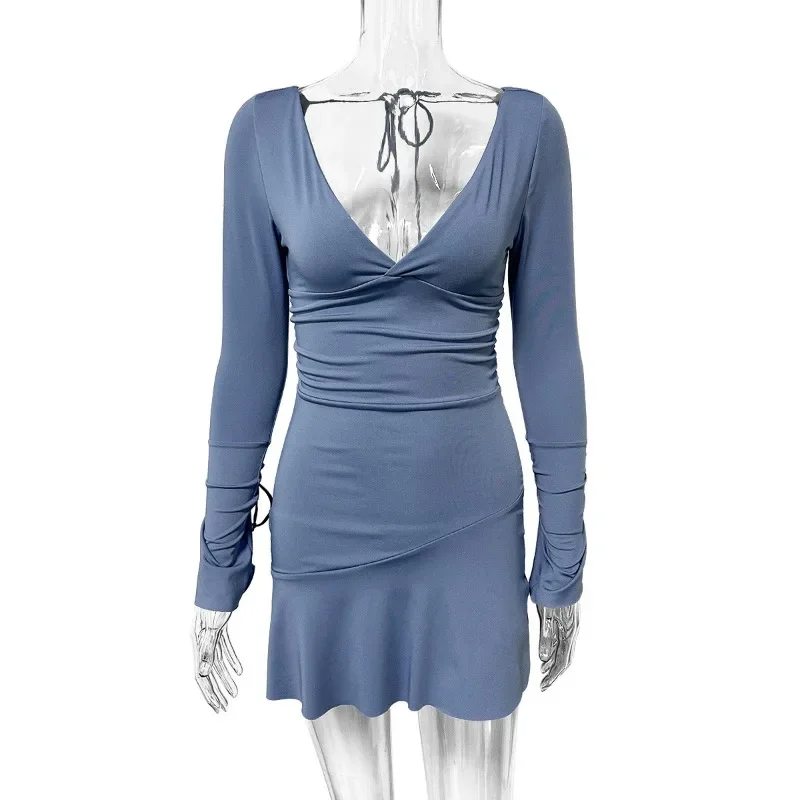 حار بيع المرأة العميق الخامس الرقبة، الورك المعانقة فستان بأكمام طويلة، الأوروبية والأمريكية مثير عارية الذراعين الدانتيل يصل فستان قصير